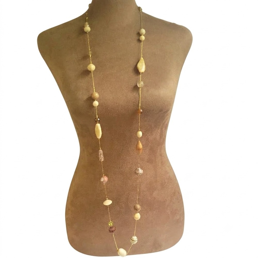 Long Floating Bead Necklace Gold Tone 50 Inch Earthy Neutral Size 50 Cottagecore